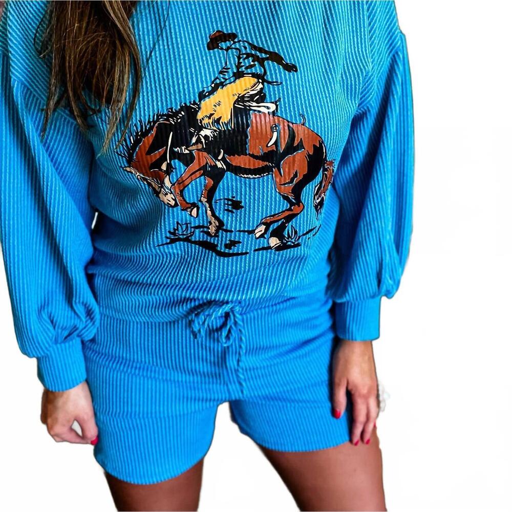 NEW AVERY APPAREL western buckin’ horse set in blue